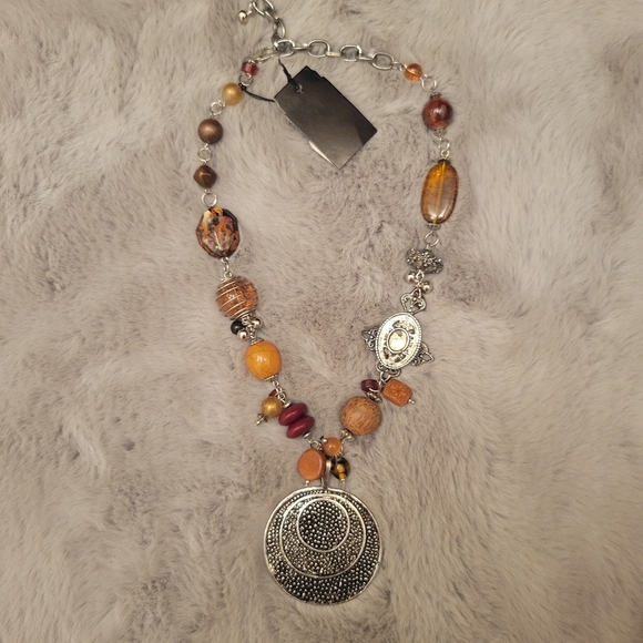 Medallion Pendant Brown Orange Silver Beaded Necklace - Picture 2 of 6